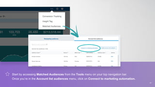 Start by accessing Matched Audiences from the Tools menu on your top navigation bar.
Once you’re in the Account list audiences menu, click on Connect to marketing automation.
31
 