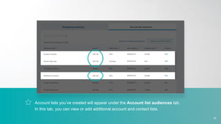 Account lists you’ve created will appear under the Account list audiences tab.
In this tab, you can view or add additional account and contact lists.
39
 