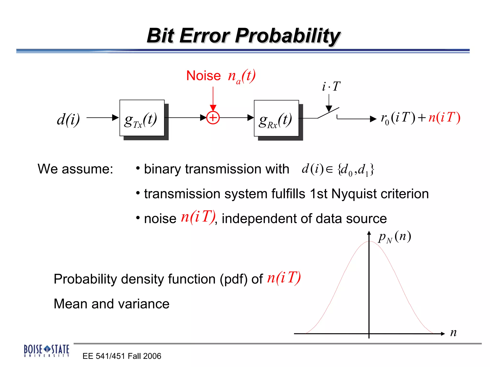 Bit Error Probability
                                Noise na(t)
                                                         i ⋅T

  d(i)             gTx(t)                     gRx(t)                   r0 (i T ) + n(iT )


We assume:            • binary transmission with d (i ) ∈ {d 0 , d1}
                      • transmission system fulfills 1st Nyquist criterion
                      • noise   n(iT), independent of data source
                                                                       p N (n )


  Probability density function (pdf) of        n(iT)
  Mean and variance

                                                                                      n
         EE 541/451 Fall 2006
 