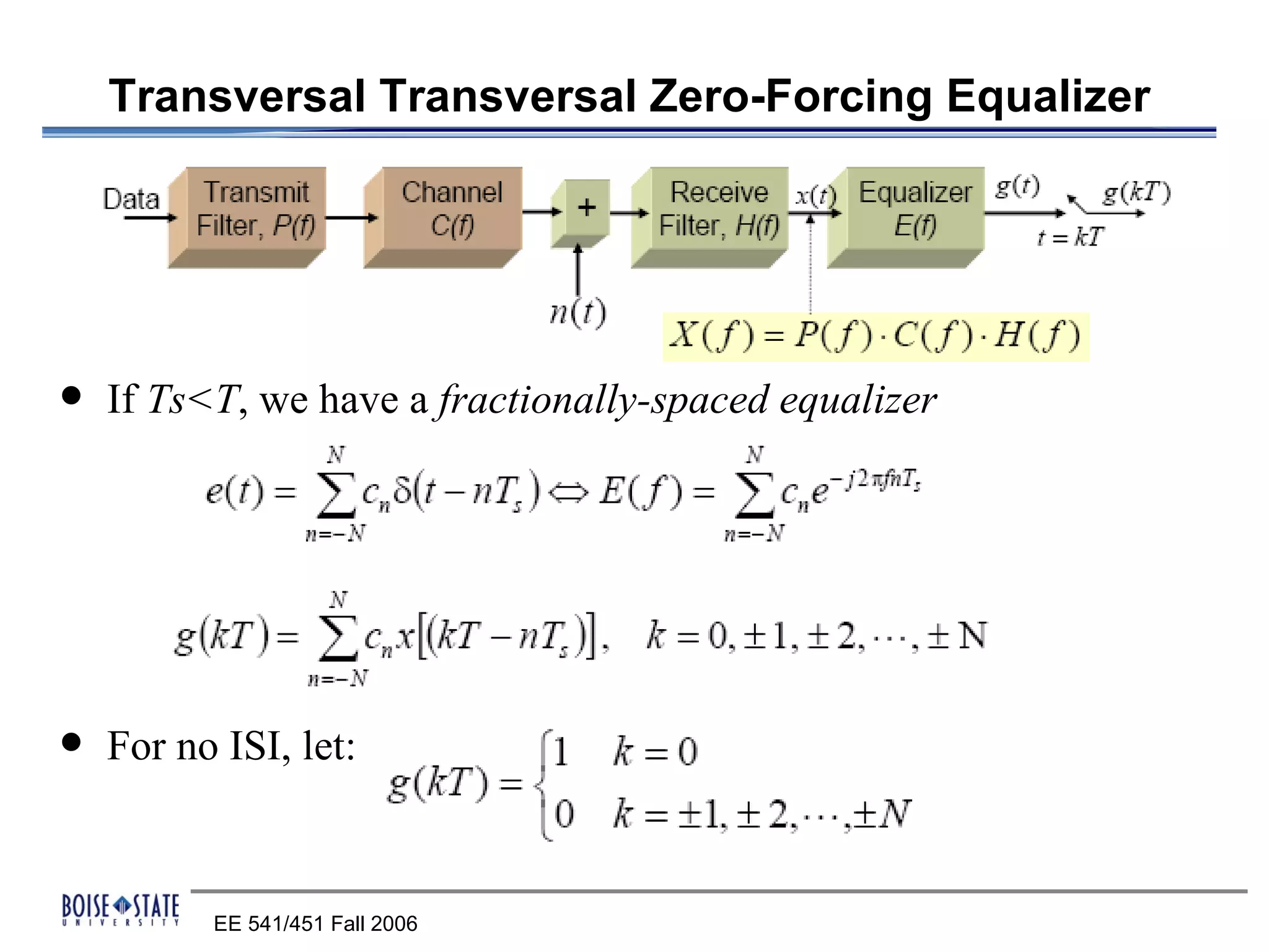 Transversal Transversal Zero-Forcing Equalizer




   If Ts<T, we have a fractionally-spaced equalizer




   For no ISI, let:



          EE 541/451 Fall 2006
 