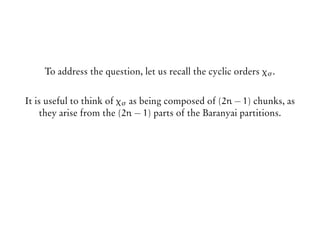 To address the question, let us recall the cyclic orders χσ.
It is useful to think of χσ as being composed of (2n − 1) chunks, as
they arise from the (2n − 1) parts of the Baranyai partitions.
 