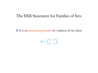 The EKR Statement for Families of Sets
If A is an intersecting family of r-subsets of [n], then:
|A|
(
n − 1
r − 1
)
,
 