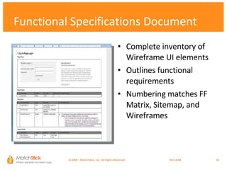 Complete inventory of Wireframe UI elements Outlines functional requirements Numbering matches FF Matrix, Sitemap, and Wireframes Functional Specifications Document ©2008 – MatchStick, LLC. All Rights Reserved.    06/02/09 
