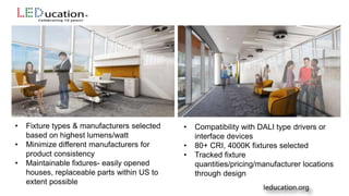 • Fixture types & manufacturers selected
based on highest lumens/watt
• Minimize different manufacturers for
product consistency
• Maintainable fixtures- easily opened
houses, replaceable parts within US to
extent possible
• Compatibility with DALI type drivers or
interface devices
• 80+ CRI, 4000K fixtures selected
• Tracked fixture
quantities/pricing/manufacturer locations
through design
 