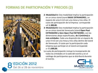 FORMAS DE PARTICIPACIÓN Y PRECIOS (2)
                    2- Modalidad A: Esta modalidad implica la participación
                      en un único stand (stand BASIC EXTRANJERO), un
                      espacio de unos 6 m2 con una mesa y tres sillas. El
                      costo de participación de la Empresa corresponde
                      a € 1.300,00.
                    3- Modalidad B: Esta modalidad implica la participación
                      en un único stand de Venezuela (stand Open Pool
                      EXTRANJERO o bien Open Pool NETWORK), con las
                      dimensiones abajo especificadas, de 3 (mínimo) o
                      más entidades. Cada una dispondrá de un espacio de
                      unos 4 m2 con una mesa y tres sillas dentro del stand
                      de Venezuela. El coste por la participación cada
                      empresa que participe en el stand corresponde
                      a € 1.000,00.
                    La cuota de participación incluye la incorporación de
                      todas las entidades en la web del evento y en el
                      catálogo de participantes que se distribuirá durante
                      el evento.
 