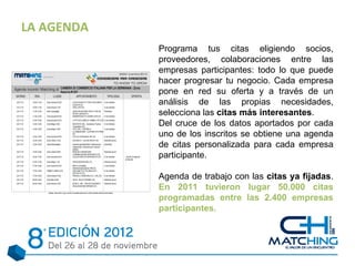 LA AGENDA
            Programa tus citas eligiendo socios,
            proveedores, colaboraciones entre las
            empresas participantes: todo lo que puede
            hacer progresar tu negocio. Cada empresa
            pone en red su oferta y a través de un
            análisis de las propias necesidades,
            selecciona las citas más interesantes.
            Del cruce de los datos aportados por cada
            uno de los inscritos se obtiene una agenda
            de citas personalizada para cada empresa
            participante.

            Agenda de trabajo con las citas ya fijadas.
            En 2011 tuvieron lugar 50.000 citas
            programadas entre las 2.400 empresas
            participantes.
 
