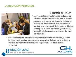 LA RELACIÓN PERSONAL

                                                    El soporte de la CDO
                               • Los referentes del Matching de cada una de
                                 las sedes locales CDO en Italia y en el mundo
                                 apoyan a la empresa participante en todo el
                                 proceso de participación: presentación de
                                 ofertas, proyectos, análisis de las necesidades,
                                 ayuda para el cruce de ofertas y demandas,
                                 redacción de la agenda, encuentros durante
                                 los tres días;
 • Estos referentes se encuentran disponibles durante todo el año, a través
   de video conferencias, para asegurar y coordinar la labor de la red con la
   finalidad de intensificar las mejores respuestas a las necesidades
   recíprocas.
 