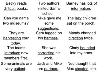 Becky reads        Two authors     Barney has lots of
 difficult books.    visited Sam’s     information.
                        school.
  Can you name       Mike gave me    The lazy children
 two museums?             some       sat on the porch.
                     suggestions.
     They are       Sam tugged on     Mandy changed
 harvesting corn     his harness.     direction twice.
      today.
    The teams         She was         Cindy bounded
  introduce new     correcting his    into my arms.
 members first.         work.
Some animals are    Jack and Mike    Ned thought that
   very patient.    are partners.    Max cheated him.
 