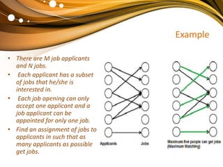 Example
• There are M job applicants
and N jobs.
• Each applicant has a subset
of jobs that he/she is
interested in.
• Each job opening can only
accept one applicant and a
job applicant can be
appointed for only one job.
• Find an assignment of jobs to
applicants in such that as
many applicants as possible
get jobs.
 