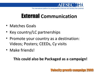 External  Communication Matches Goals Key country/LC partnerships Promote your country as a destination: Videos; Posters; CEEDs, Cy visits Make friends! This could also be Packaged as a campaign!  