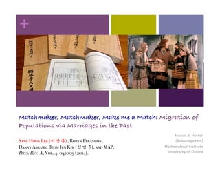 + 
Matchmaker, Matchmaker, Make me a Match: Migration of 
Populations via Marriages in the Past 
/CUQP#2QTVGT 

OCUQPRQTVGT 
/CVJGOCVKECN+PUVKVWVG 
7PKXGTUKV[QH1ZHQTF 
Sang Hoon Lee (이상훈) , Robyn Ffrancon, 
Danny Abrams, Beom Jun Kim (김범준), and MAP, 
Phys. Rev. X, Vol. 4, 041009 (2014). 
 