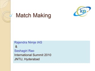 Match Making
Rajendra Nimje IAS
&
Seshagiri Rao
International Summit 2010
JNTU, Hyderabad
 