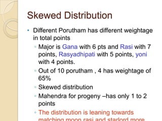 Skewed Distribution
• Different Porutham has different weightage
in total points
◦ Major is Gana with 6 pts and Rasi with ...