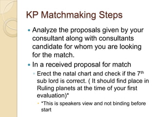 KP Matchmaking Steps
 Analyze the proposals given by your
consultant along with consultants
candidate for whom you are lo...