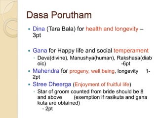 Dasa Porutham
 Dina (Tara Bala) for health and longevity –
3pt
 Gana for Happy life and social temperament
◦ Deva(divine...