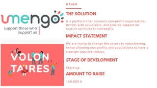 THE SOLUTION
Is a platform that connects non-profit organizations
(NPOs) with volunteers, and provide support on
routine a...