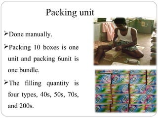 Packing unit
Done manually.
Packing 10 boxes is one
unit and packing 6unit is
one bundle.
The filling quantity is
four types, 40s, 50s, 70s,
and 200s.
 