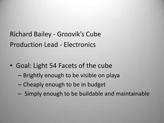 Richard Bailey - Groovik’s Cube Production Lead - Electronics Goal: Light 54 Facets of the cube  Brightly enough to be visible on playa Cheaply enough to be in budget  Simply enough to be buildable and maintainable 