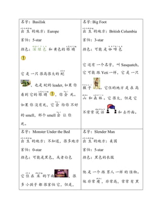 名字：Basilisk
出
c h ū
生
shēng
的地方：Europe
害怕：5-star
颜色：深
shēn
绿
l ǜ
色
s è
和 黄色的 眼
y ǎ n
睛
jīng
它 是 一只 很高很大的 蛇
s h é
，也是 蛇的 leader, 如果 你
看到 它的 眼
y ǎ n
睛
jīng
，你 会
h u ì
死。
如果 你 没有死，它 会
h u ì
给你 不好
的 smell，那个 smell 会
h u ì
让 你
死。
名字: Big Foot
出
c h ū
生
shēng
的地方：British Columbia
害怕：3-star
颜色：可能 是 咖
k ā
啡
f ē i
色
s è
它 还有 一个名字，叫 Sasquatch，
它 可能 跟 Yeti 一样，它 是 一只
猴
h ó u
子
z i
。它住的地方 是 在 高
山
shān
和 森
s ē n
林
l í n
。它 很大，但是 它
不常常 说
shuō
话
h u à
和 去外面。
名字：Monster Under the Bed
出
c h ū
生
shēng
的地方：不知道，很多地方
害怕：0-star
颜色：可能是黑色，或者白色
它 住
z h ù
在 床
chuáng
的下面 ，很
多 小孩子 都 很害怕 它，但是，
名字：Slender Man
出
c h ū
生
shēng
的地方：美国
害怕：5-star
颜色：黑色的衣服
他 是 一个 跟 男人 一样 的 怪物。
他 非常 瘦
shòu
，非常高，常常 有 黑
 