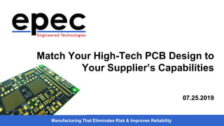 Manufacturing That Eliminates Risk & Improves Reliability
Match Your High-Tech PCB Design to
Your Supplier’s Capabilities
07.25.2019
 