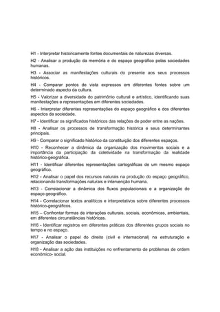 H1 - Interpretar historicamente fontes documentais de naturezas diversas.
H2 - Analisar a produção da memória e do espaço geográfico pelas sociedades
humanas.
H3 - Associar as manifestações culturais do presente aos seus processos
históricos.
H4 - Comparar pontos de vista expressos em diferentes fontes sobre um
determinado aspecto da cultura.
H5 - Valorizar a diversidade do patrimônio cultural e artístico, identificando suas
manifestações e representações em diferentes sociedades.
H6 - Interpretar diferentes representações do espaço geográfico e dos diferentes
aspectos da sociedade.
H7 - Identificar os significados históricos das relações de poder entre as nações.
H8 - Analisar os processos de transformação histórica e seus determinantes
principais.
H9 - Comparar o significado histórico da constituição dos diferentes espaços.
H10 - Reconhecer a dinâmica da organização dos movimentos sociais e a
importância da participação da coletividade na transformação da realidade
histórico-geográfica.
H11 - Identificar diferentes representações cartográficas de um mesmo espaço
geográfico.
H12 - Analisar o papel dos recursos naturais na produção do espaço geográfico,
relacionando transformações naturais e intervenção humana.
H13 - Correlacionar a dinâmica dos fluxos populacionais e a organização do
espaço geográfico.
H14 - Correlacionar textos analíticos e interpretativos sobre diferentes processos
histórico-geográficos.
H15 – Confrontar formas de interações culturais, sociais, econômicas, ambientais,
em diferentes circunstâncias históricas.
H16 - Identificar registros em diferentes práticas dos diferentes grupos sociais no
tempo e no espaço.
H17 - Analisar o papel do direito (civil e internacional) na estruturação e
organização das sociedades.
H18 - Analisar a ação das instituições no enfrentamento de problemas de ordem
econômico- social.
 