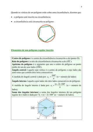 8


Quando os vértices de um polígono estão sobre uma circunferência, dizemos que:

• o polígono está inscrito na circunferência;

• a circunferência está circunscrita ao polígono




Elementos de um polígono regular inscrito


Centro do polígono é o centro da circunferência circunscrita a ele (ponto O).
Raio do polígono é o raio da circunferência circunscrita a ele ( OC ).
Apótema do polígono é o segmento que une o centro do polígono ao ponto
médio de um de seus lados ( OM ).
Ângulo central é aquele cujo vértice é o centro do polígono e cujo lados são
semi-retas que contêm dois raios consecutivos.
                                                360º
A medida do ângulo central é dada por: a c =          (n = número de lados).
                                                  n
Ângulo interno é aquele cujos lados são dois lados consecutivos do polígono.
                                                    (n - 2) ⋅ 180º
A medida do ângulo interno é dada por: a i =                       (n = número de
                                                          n
lados).
Soma dos ângulos internos: a soma dos ângulos internos de um polígono
regular de n lados é dada por: Si = (n − 2) ⋅ 180º (n = número de lados).
 