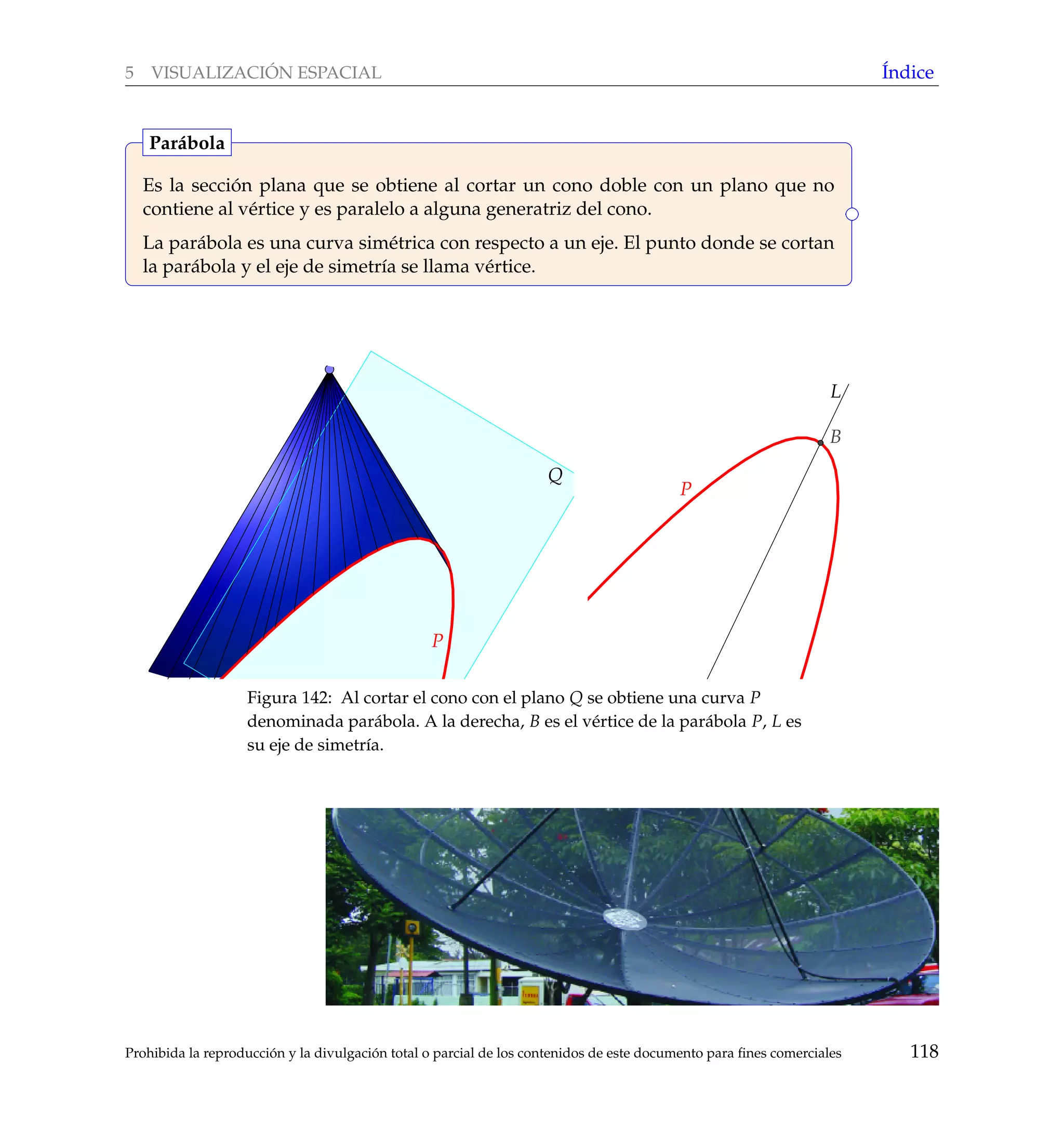 5 VISUALIZACI ´ON ESPACIAL ´Indice
Es la secci´on plana que se obtiene al cortar un cono doble con un plano que no
contiene al v´ertice y es paralelo a alguna generatriz del cono.
La par´abola es una curva sim´etrica con respecto a un eje. El punto donde se cortan
la par´abola y el eje de simetr´ıa se llama v´ertice.
Par´abola
Q
P
A
P
L
B
Figura 142: Al cortar el cono con el plano Q se obtiene una curva P
denominada par´abola. A la derecha, B es el v´ertice de la par´abola P, L es
su eje de simetr´ıa.
Prohibida la reproducci´on y la divulgaci´on total o parcial de los contenidos de este documento para ﬁnes comerciales 118
 