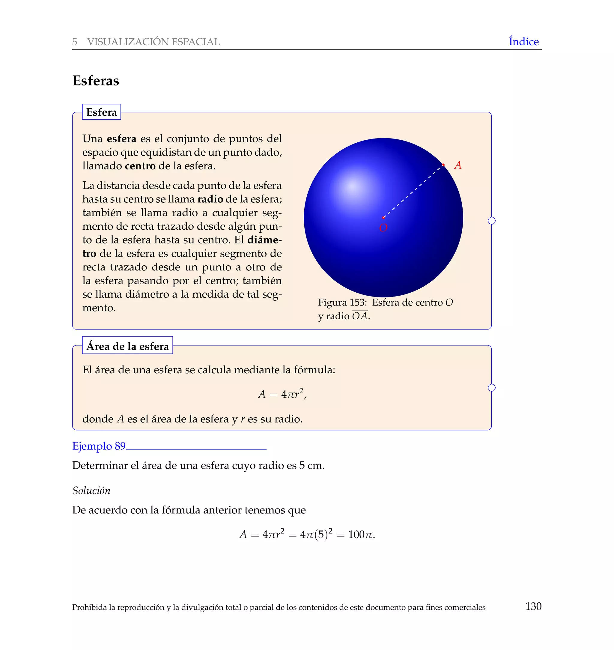 5 VISUALIZACI ´ON ESPACIAL ´Indice
Esferas
Una esfera es el conjunto de puntos del
espacio que equidistan de un punto dado,
llamado centro de la esfera.
La distancia desde cada punto de la esfera
hasta su centro se llama radio de la esfera;
tambi´en se llama radio a cualquier seg-
mento de recta trazado desde alg´un pun-
to de la esfera hasta su centro. El di´ame-
tro de la esfera es cualquier segmento de
recta trazado desde un punto a otro de
la esfera pasando por el centro; tambi´en
se llama di´ametro a la medida de tal seg-
mento.
O
A
Figura 153: Esfera de centro O
y radio OA.
Esfera
El ´area de una esfera se calcula mediante la f´ormula:
A = 4πr2
,
donde A es el ´area de la esfera y r es su radio.
´Area de la esfera
Ejemplo 89
Determinar el ´area de una esfera cuyo radio es 5 cm.
Soluci´on
De acuerdo con la f´ormula anterior tenemos que
A = 4πr2
= 4π(5)2
= 100π.
Prohibida la reproducci´on y la divulgaci´on total o parcial de los contenidos de este documento para ﬁnes comerciales 130
 