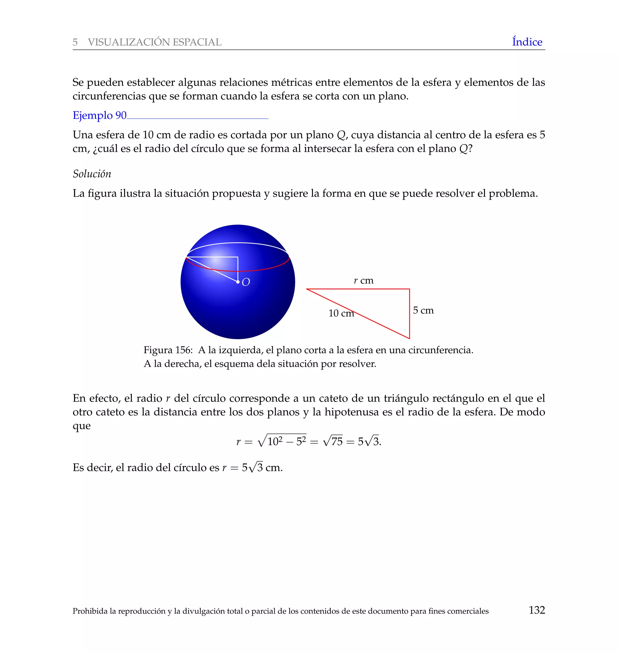 5 VISUALIZACI ´ON ESPACIAL ´Indice
Se pueden establecer algunas relaciones m´etricas entre elementos de la esfera y elementos de las
circunferencias que se forman cuando la esfera se corta con un plano.
Ejemplo 90
Una esfera de 10 cm de radio es cortada por un plano Q, cuya distancia al centro de la esfera es 5
cm, ¿cu´al es el radio del c´ırculo que se forma al intersecar la esfera con el plano Q?
Soluci´on
La ﬁgura ilustra la situaci´on propuesta y sugiere la forma en que se puede resolver el problema.
O
10 cm 5 cm
r cm
Figura 156: A la izquierda, el plano corta a la esfera en una circunferencia.
A la derecha, el esquema dela situaci´on por resolver.
En efecto, el radio r del c´ırculo corresponde a un cateto de un tri´angulo rect´angulo en el que el
otro cateto es la distancia entre los dos planos y la hipotenusa es el radio de la esfera. De modo
que
r = 102 − 52 =
√
75 = 5
√
3.
Es decir, el radio del c´ırculo es r = 5
√
3 cm.
Prohibida la reproducci´on y la divulgaci´on total o parcial de los contenidos de este documento para ﬁnes comerciales 132
 