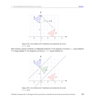 4 TRANSFORMACIONES EN EL PLANO ´Indice
−2 2 4 6
2
4
6
0
P
Q
v = (−4, 4)
Figura 123: Q se obtiene de P mediante una traslaci´on de vector
v = (−4, 4).
Otra manera, menos evidente, es reﬂejando primero P con respecto a la recta y = x para obtener
P y luego reﬂejar P con respecto a la recta y = x + 4 para obtener Q.
−2 2 4 6
2
4
6
0
P
P
Q
Figura 124: Q se obtiene de P mediante una traslaci´on de vector
v = (−4, 4).
Prohibida la reproducci´on y la divulgaci´on total o parcial de los contenidos de este documento para ﬁnes comerciales 104
 