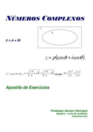NÚMEROS COMPLEXOS
                          C

                                   R



z = a + bi




                              z = ρ (cosθ + isenθ )

                                                      2       3
                     −b        −b                b a
 3
x + ax + b = 0 ⇒ x=3    + E +3    − E em que E =   +  
                      2         2                2 3



Apostila de Exercícios




                                  Professor Gerson Henrique
                                       Sejafera – o site do vestibular
                                                       meualuno.com
 