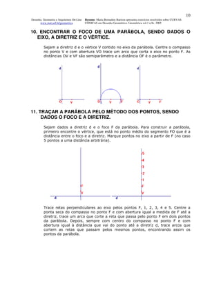 10
Desenho, Geometria e Arquitetura On-Line   Resumo. Maria Bernadete Barison apresenta exercícios resolvidos sobre CURVAS
      www.mat.uel.br/geometrica            CÔNICAS em Desenho Geométrico. Geométrica vol.1 n.9c. 2005


10. ENCONTRAR O FOCO DE UMA PARÁBOLA, SENDO DADOS O
   EIXO, A DIRETRIZ E O VÉRTICE.

         Sejam a diretriz d e o vértice V contido no eixo da parábola. Centre o compasso
         no ponto V e com abertura VO trace um arco que corta o eixo no ponto F. As
         distâncias OV e VF são semiparâmetro e a distância OF é o parâmetro.




11. TRAÇAR A PARÁBOLA PELO MÉTODO DOS PONTOS, SENDO
     DADOS O FOCO E A DIRETRIZ.

         Sejam dados a diretriz d e o foco F da parábola. Para construir a parábola,
         primeiro encontre o vértice, que está no ponto médio do segmento FO que é a
         distância entre o foco e a diretriz. Marque pontos no eixo a partir de F (no caso
         5 pontos a uma distância arbitrária).




         Trace retas perpendiculares ao eixo pelos pontos F, 1, 2, 3, 4 e 5. Centre a
         ponta seca do compasso no ponto F e com abertura igual a medida de F até a
         diretriz, trace um arco que corte a reta que passa pelo ponto F em dois pontos
         da parábola. Depois, sempre com centro do compasso no ponto F e com
         abertura igual à distância que vai do ponto até a diretriz d, trace arcos que
         cortem as retas que passam pelos mesmos pontos, encontrando assim os
         pontos da parábola.
 