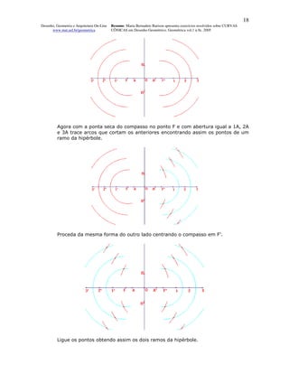 18
Desenho, Geometria e Arquitetura On-Line   Resumo. Maria Bernadete Barison apresenta exercícios resolvidos sobre CURVAS
      www.mat.uel.br/geometrica            CÔNICAS em Desenho Geométrico. Geométrica vol.1 n.9c. 2005




         Agora com a ponta seca do compasso no ponto F e com abertura igual a 1A, 2A
         e 3A trace arcos que cortam os anteriores encontrando assim os pontos de um
         ramo da hipérbole.




         Proceda da mesma forma do outro lado centrando o compasso em F'.




         Ligue os pontos obtendo assim os dois ramos da hipérbole.
 