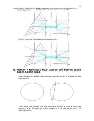 22
Desenho, Geometria e Arquitetura On-Line   Resumo. Maria Bernadete Barison apresenta exercícios resolvidos sobre CURVAS
      www.mat.uel.br/geometrica            CÔNICAS em Desenho Geométrico. Geométrica vol.1 n.9c. 2005




         Os dois ramos da hipérbole aparecem em cor azul.




19. TRAÇAR A HIPÉRBOLE PELO MÉTODO DOS PONTOS SENDO
    DADOS OS DOIS EIXOS.

         Seja a elipse dada abaixo. Trace uma reta secante que corta a elipse em dois
         pontos A e B.




         Trace outra reta secante que seja paralela à primeira e corte a elipse nos
         pontos C e D. Encontre os pontos médios M e M' das cordas AB e CD
         respectivamente.
 
