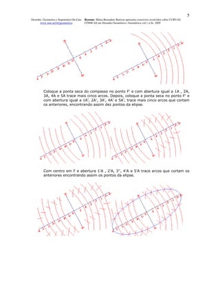 5
Desenho, Geometria e Arquitetura On-Line   Resumo. Maria Bernadete Barison apresenta exercícios resolvidos sobre CURVAS
      www.mat.uel.br/geometrica            CÔNICAS em Desenho Geométrico. Geométrica vol.1 n.9c. 2005




         Coloque a ponta seca do compasso no ponto F' e com abertura igual a 1A , 2A,
         3A, 4A e 5A trace mais cinco arcos. Depois, coloque a ponta seca no ponto F' e
         com abertura igual a 1A', 2A', 3A', 4A' e 5A', trace mais cinco arcos que cortam
         os anteriores, encontrando assim dez pontos da elipse.




         Com centro em F e abertura 1'A , 2'A, 3'', 4'A e 5'A trace arcos que cortam os
         anteriores encontrando assim os pontos da elipse.
 