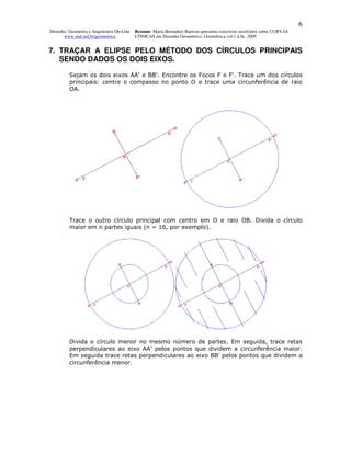 6
Desenho, Geometria e Arquitetura On-Line   Resumo. Maria Bernadete Barison apresenta exercícios resolvidos sobre CURVAS
      www.mat.uel.br/geometrica            CÔNICAS em Desenho Geométrico. Geométrica vol.1 n.9c. 2005


7. TRAÇAR A ELIPSE PELO MÉTODO DOS CÍRCULOS PRINCIPAIS
   SENDO DADOS OS DOIS EIXOS.

         Sejam os dois eixos AA' e BB'. Encontre os Focos F e F'. Trace um dos círculos
         principais: centre o compasso no ponto O e trace uma circunferência de raio
         OA.




         Trace o outro círculo principal com centro em O e raio OB. Divida o círculo
         maior em n partes iguais (n = 16, por exemplo).




         Divida o círculo menor no mesmo número de partes. Em seguida, trace retas
         perpendiculares ao eixo AA' pelos pontos que dividem a circunferência maior.
         Em seguida trace retas perpendiculares ao eixo BB' pelos pontos que dividem a
         circunferência menor.
 