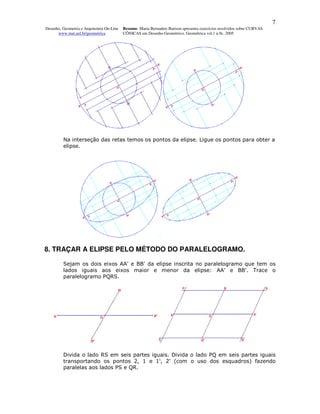 7
Desenho, Geometria e Arquitetura On-Line   Resumo. Maria Bernadete Barison apresenta exercícios resolvidos sobre CURVAS
      www.mat.uel.br/geometrica            CÔNICAS em Desenho Geométrico. Geométrica vol.1 n.9c. 2005




         Na interseção das retas temos os pontos da elipse. Ligue os pontos para obter a
         elipse.




8. TRAÇAR A ELIPSE PELO MÉTODO DO PARALELOGRAMO.

         Sejam os dois eixos AA' e BB' da elipse inscrita no paralelogramo que tem os
         lados iguais aos eixos maior e menor da elipse: AA' e BB'. Trace o
         paralelogramo PQRS.




         Divida o lado RS em seis partes iguais. Divida o lado PQ em seis partes iguais
         transportando os pontos 2, 1 e 1', 2' (com o uso dos esquadros) fazendo
         paralelas aos lados PS e QR.
 