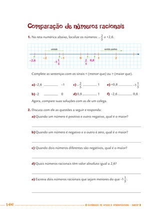 146 CADERNOS DE APOIO E APRENDIZAGEM · SMESP
Complete as sentenças com os sinais < (menor que) ou > (maior que).
Comparação de números racionais
1. Na reta numérica abaixo, localize os números: e +2,6.
a)–2,6 –1
b)–2 0
c) 1
d)0,8 1
Agora, compare suas soluções com as de um colega.
2. Discuta com ele as questões a seguir e responda:
a)Quando um número é positivo e outro negativo, qual é o maior?
b)Quando um número é negativo e o outro é zero, qual é o maior?
c) Quando dois números diferentes são negativos, qual é o maior?
d)Quais números racionais têm valor absoluto igual a 2,6?
e) Escreva dois números racionais que sejam menores do que .
e) +0,8
f) –2,6 0,8
–2 –1 0 1 2
unidade sentido positivo
2
5
–2,6 0,8
MAT7ºANO–Vol2.indd 146MAT7ºANO–Vol2.indd 146 9/15/10 3:18 PM9/15/10 3:18 PM
 