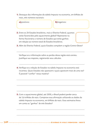 148 CADERNOS DE APOIO E APRENDIZAGEM · SMESP
1. Destaque das informações da tabela Impacto na economia, em bilhões de
reais, três números racionais:
a)positivos: b)negativos:
2. Entre os 26 Estados brasileiros, mais o Distrito Federal, quantos
serão favorecidos pelo aquecimento global? Represente na
forma fracionária o número de Estados que terão ganhos
em relação ao número total de Estados brasileiros.
3. Além do Distrito Federal, quais Estados compõem a região Centro-Oeste?
Veriﬁque se a informação sobre as perdas dessa região está correta.
Justiﬁque sua resposta, registrando seus cálculos.
4. Veriﬁque se a relação de Estados na tabela Impacto na economia está
incorreta. Quais Estados não aparecem e quais aparecem mais de uma vez?
É possível “conﬁar” nessa matéria?
5. Com o aquecimento global, até 2050, o Brasil poderá perder cerca
de 3,6 trilhões de reais. Comprove essa aﬁrmação utilizando os dados da
tabela Impacto na economia, em bilhões de reais. Essa estimativa levou
em conta os “ganhos” de três Estados?
MAT7ºANO–Vol2.indd 148MAT7ºANO–Vol2.indd 148 9/15/10 3:18 PM9/15/10 3:18 PM
 