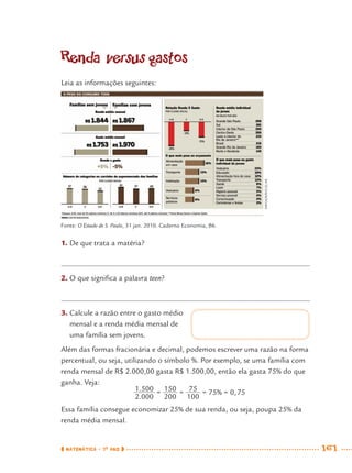 MATEMÁTICA · 7O
ANO 161
Fonte: O Estado de S. Paulo, 31 jan. 2010. Caderno Economia, B6.
Renda versus gastos
Leia as informações seguintes:
1. De que trata a matéria?
2. O que signiﬁca a palavra teen?
3. Calcule a razão entre o gasto médio
mensal e a renda média mensal de
uma família sem jovens.
Além das formas fracionária e decimal, podemos escrever uma razão na forma
percentual, ou seja, utilizando o símbolo %. Por exemplo, se uma família com
renda mensal de R$ 2.000,00 gasta R$ 1.500,00, então ela gasta 75% do que
ganha. Veja:
Essa família consegue economizar 25% de sua renda, ou seja, poupa 25% da
renda média mensal.
INFOGRÁFICO/AE
MAT7ºANO–Vol2.indd 161MAT7ºANO–Vol2.indd 161 9/15/10 3:18 PM9/15/10 3:18 PM
 