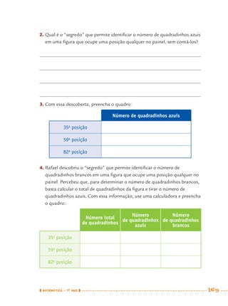 MATEMÁTICA · 7O
ANO 169
2. Qual é o “segredo” que permite identiﬁcar o número de quadradinhos azuis
em uma ﬁgura que ocupe uma posição qualquer no painel, sem contá-los?
3. Com essa descoberta, preencha o quadro:
Número de quadradinhos azuis
35a
posição
59a
posição
82a
posição
4. Rafael descobriu o “segredo” que permite identiﬁcar o número de
quadradinhos brancos em uma ﬁgura que ocupe uma posição qualquer no
painel. Percebeu que, para determinar o número de quadradinhos brancos,
basta calcular o total de quadradinhos da ﬁgura e tirar o número de
quadradinhos azuis. Com essa informação, use uma calculadora e preencha
o quadro:
Número total
de quadradinhos
Número
de quadradinhos
azuis
Número
de quadradinhos
brancos
35a
posição
59a
posição
82a
posição
MAT7ºANO–Vol2.indd 169MAT7ºANO–Vol2.indd 169 9/15/10 3:18 PM9/15/10 3:18 PM
 