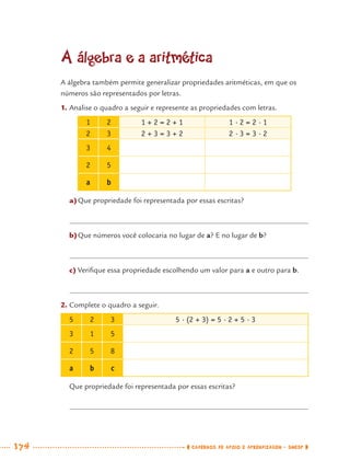 174 CADERNOS DE APOIO E APRENDIZAGEM · SMESP
A álgebra e a aritmética
A álgebra também permite generalizar propriedades aritméticas, em que os
números são representados por letras.
1. Analise o quadro a seguir e represente as propriedades com letras.
1 2 1 + 2 = 2 + 1 1 ·2 = 2 ·1
2 3 2 + 3 = 3 + 2 2 ·3 = 3 ·2
3 4
2 5
a b
a)Que propriedade foi representada por essas escritas?
b)Que números você colocaria no lugar de a? E no lugar de b?
c) Veriﬁque essa propriedade escolhendo um valor para a e outro para b.
2. Complete o quadro a seguir.
5 2 3 5 ·(2 + 3) = 5 ·2 + 5 ·3
3 1 5
2 5 8
a b c
Que propriedade foi representada por essas escritas?
MAT7ºANO–Vol2.indd 174MAT7ºANO–Vol2.indd 174 9/15/10 3:18 PM9/15/10 3:18 PM
 