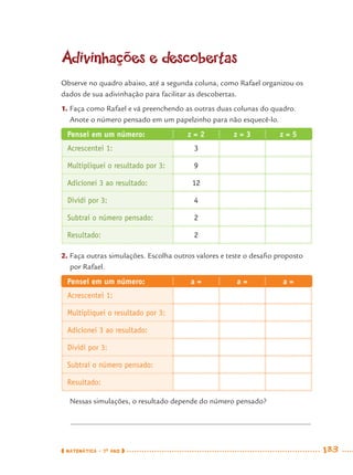 MATEMÁTICA · 7O
ANO 183
Adivinhações e descobertas
Observe no quadro abaixo, até a segunda coluna, como Rafael organizou os
dados de sua adivinhação para facilitar as descobertas.
1. Faça como Rafael e vá preenchendo as outras duas colunas do quadro.
Anote o número pensado em um papelzinho para não esquecê-lo.
Pensei em um número: z = 2 z = 3 z = 5
Acrescentei 1: 3
Multipliquei o resultado por 3: 9
Adicionei 3 ao resultado: 12
Dividi por 3: 4
Subtraí o número pensado: 2
Resultado: 2
2. Faça outras simulações. Escolha outros valores e teste o desaﬁo proposto
por Rafael.
Pensei em um número: a = a = a =
Acrescentei 1:
Multipliquei o resultado por 3:
Adicionei 3 ao resultado:
Dividi por 3:
Subtraí o número pensado:
Resultado:
Nessas simulações, o resultado depende do número pensado?
MAT7ºANO–Vol2.indd 183MAT7ºANO–Vol2.indd 183 9/15/10 3:18 PM9/15/10 3:18 PM
 