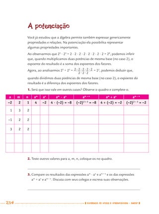 214 CADERNOS DE APOIO E APRENDIZAGEM · SMESP
A potenciação
Você já estudou que a álgebra permite também expressar genericamente
propriedades e relações. Na potenciação ela possibilita representar
algumas propriedades importantes.
Ao observarmos que 25
· 23
= 2 · 2 · 2 · 2 · 2 · 2 · 2 · 2 = 28
, podemos inferir
que, quando multiplicamos duas potências de mesma base (no caso 2), o
expoente do resultado é a soma dos expoentes dos fatores.
Agora, ao analisarmos 25
÷ 23
= = 22
, podemos deduzir que,
quando dividimos duas potências de mesma base (no caso 2), o expoente do
resultado é a diferença dos expoentes dos fatores.
1. Será que isso vale em outros casos? Observe o quadro e complete-o.
a m n am
an
am
· an
am + n
am
÷ an
am – n
–2 2 1 4 –2 4 · (–2) = –8 (–2)2 + 1
= –8 4 ÷ (–2) = –2 (–2)2 – 1
= –2
1 3 2
–1 2 2
3 2 2
2. Teste outros valores para a, m, n, coloque-os no quadro.
3. Compare os resultados das expressões am
· an
e am + n
e os das expressões
am
÷ an
e am – n
. Discuta com seus colegas e escreva suas observações.
MAT7ºANO–Vol2.indd 214MAT7ºANO–Vol2.indd 214 9/15/10 3:18 PM9/15/10 3:18 PM
 
