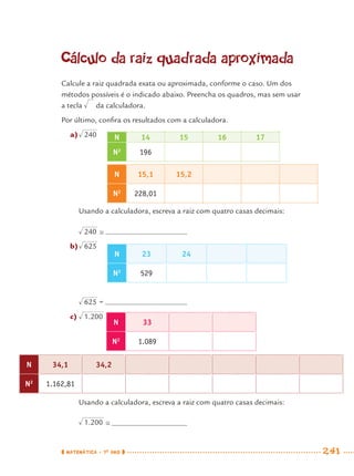 MATEMÁTICA · 7O
ANO 241
Cálculo da raiz quadrada aproximada
Calcule a raiz quadrada exata ou aproximada, conforme o caso. Um dos
métodos possíveis é o indicado abaixo. Preencha os quadros, mas sem usar
a tecla da calculadora.
Por último, conﬁra os resultados com a calculadora.
a) N 14 15 16 17
N2
196
N 15,1 15,2
N2
228,01
Usando a calculadora, escreva a raiz com quatro casas decimais:
b)
N 23 24
N2
529
=
c)
Usando a calculadora, escreva a raiz com quatro casas decimais:
N 33
N2
1.089
N 34,1 34,2
N2
1.162,81
MAT7ºANO–Vol2.indd 241MAT7ºANO–Vol2.indd 241 9/15/10 3:18 PM9/15/10 3:18 PM
 