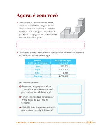 MATEMÁTICA · 7O
ANO 255
Agora, é com você
1. Onze cubinhos, todos de mesma aresta,
foram colados conforme a ﬁgura ao lado.
Para obtermos um cubo maciço, o menor
número de cubinhos iguais aos já utilizados
que devem ser agregados ao sólido formado
pelos 11 cubinhos é igual a:
2. Considere o quadro abaixo, no qual a produção de determinados materiais
está associada ao consumo de água.
Produto
(1.000 kg = 1 tonelada)
Consumo de água
(em litros)
Aço 250.000
Papel 1.000.000
Sabão 2.000
Borracha 2.750.000
Responda às questões:
a)O consumo de água para produzir
1 tonelada de papel é o mesmo usado
para produzir 4 toneladas de aço?
b)Consome-se mais água para produzir
100 kg de aço do que 10 kg de
borracha?
c) 5.000.000 litros de água são suﬁcientes
para produzir 2.000 kg de borracha?
MAT7ºANO–Vol2.indd 255MAT7ºANO–Vol2.indd 255 9/15/10 3:18 PM9/15/10 3:18 PM
 