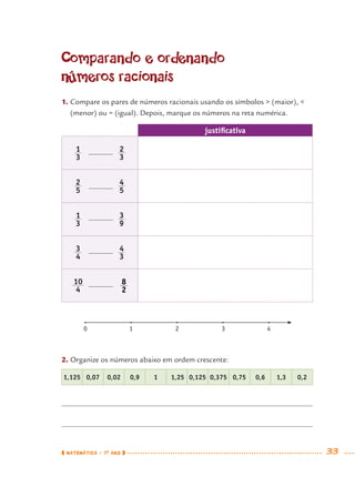 MATEMÁTICA · 7O
ANO 33
Comparando e ordenando
números racionais
1. Compare os pares de números racionais usando os símbolos > (maior), <
(menor) ou = (igual). Depois, marque os números na reta numérica.
justiﬁcativa
2. Organize os números abaixo em ordem crescente:
1,125 0,07 0,02 0,9 1 1,25 0,125 0,375 0,75 0,6 1,3 0,2
0 1 2 3 4
MAT7ºANO.indd 33MAT7ºANO.indd 33 9/15/10 2:48 PM9/15/10 2:48 PM
 