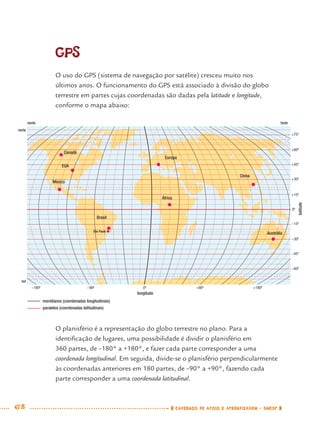68 CADERNOS DE APOIO E APRENDIZAGEM · SMESP
GPS
O uso do GPS (sistema de navegação por satélite) cresceu muito nos
últimos anos. O funcionamento do GPS está associado à divisão do globo
terrestre em partes cujas coordenadas são dadas pela latitude e longitude,
conforme o mapa abaixo:
+75º
0º
0º +90º
longitude
meridianos (coordenadas longitudinais)
paralelos (coordenadas latitudinais)
norte
oeste leste
sul
latitude
−90º +180º−180º
+15º
−15º
+30º
−30º
+45º
−45º
+60º
−60º
São Paulo
Austrália
África
Brasil
Europa
Canadá
EUA
México
China
O planisfério é a representação do globo terrestre no plano. Para a
identiﬁcação de lugares, uma possibilidade é dividir o planisfério em
360 partes, de –180° a +180°, e fazer cada parte corresponder a uma
coordenada longitudinal. Em seguida, divide-se o planisfério perpendicularmente
às coordenadas anteriores em 180 partes, de –90° a +90°, fazendo cada
parte corresponder a uma coordenada latitudinal.
MAT7ºANO.indd 68MAT7ºANO.indd 68 9/15/10 2:48 PM9/15/10 2:48 PM
 