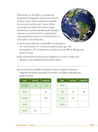 MATEMÁTICA · 7O
ANO 69
Observando, no planisfério, a coordenada
longitudinal (longitude), usaremos um sinal de
menos (–) para indicar o que está à esquerda
do zero e um sinal de mais (+) para indicar
o que está à sua direita. Do mesmo modo,
observando a coordenada latitudinal (latitude),
usaremos um sinal de menos (–) para indicar
o que está abaixo de zero e um sinal de mais (+)
para indicar o que está acima.
1. Como cada subdivisão no planisfério corresponde a
10° na horizontal e 5° na vertical, podemos dizer que +20°
de longitude e –30° de latitude é um ponto no sul da África. Marque esse
ponto no mapa.
2. No sul da América do Sul, ﬁcam a Argentina e o Chile. Localize uma
latitude e uma longitude próximas dessa região.
3. Com apoio do planisfério da página anterior, indique a latitude e a
longitude dos pontos que estão localizados nos lugares indicados nos
quadros abaixo:
lugar latitude longitude lugar latitude longitude
cidade de
São Paulo
–23 –46 China
África 20 EUA 40 –90
Austrália 140 Europa 45
Brasil México
Canadá 55
d
NASA
MAT7ºANO.indd 69MAT7ºANO.indd 69 9/15/10 2:48 PM9/15/10 2:48 PM
 