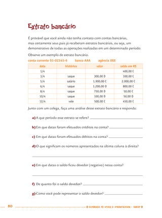 80 CADERNOS DE APOIO E APRENDIZAGEM · SMESP
Extrato bancário
É provável que você ainda não tenha contato com contas bancárias,
mas certamente seus pais já receberam extratos bancários, ou seja, um
demonstrativo de todas as operações realizadas em um determinado período.
Observe um exemplo de extrato bancário.
conta corrente 01-02345-6 banco AAA agência XXX
data histórico valor saldo em R$
1/4 400,00 C
3/4 saque 300,00 D 100,00 C
5/4 salário 1.900,00 C 2.000,00 C
6/4 saque 1.200,00 D 800,00 C
8/4 saque 750,00 D 50,00 C
10/4 saque 100,00 D 50,00 D
12/4 vale 500,00 C 450,00 C
Junto com um colega, faça uma análise desse extrato bancário e responda:
a)A que período esse extrato se refere?
b)Em que datas foram efetuados créditos na conta?
c) Em que datas foram efetuados débitos na conta?
d)O que signiﬁcam os números apresentados na última coluna à direita?
e) Em que datas o saldo ﬁcou devedor (negativo) nessa conta?
f) De quanto foi o saldo devedor?
g) Como você pode representar o saldo devedor?
MAT7ºANO.indd 80MAT7ºANO.indd 80 9/15/10 2:48 PM9/15/10 2:48 PM
 